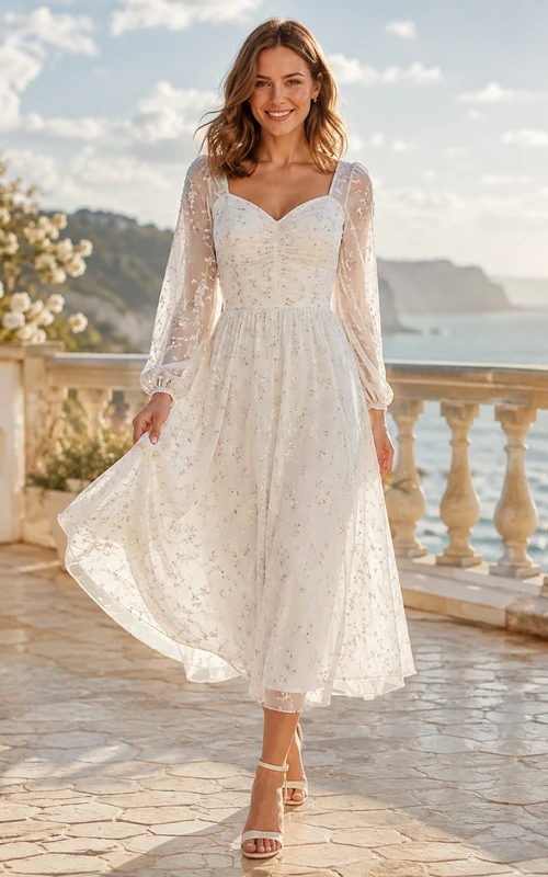 Robe longue trapèze à manches longues et épaules dénudées en dentelle blanche