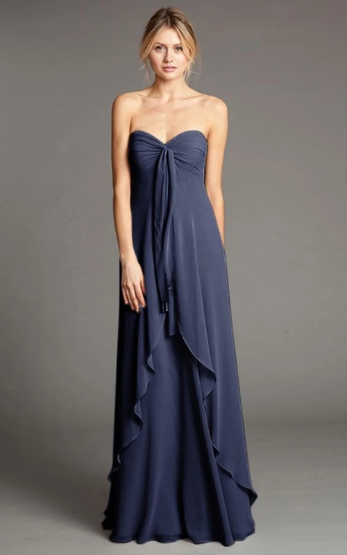 A-Linien-Brautjungfernkleid aus Chiffon mit herzförmigem Ausschnitt, drapiertem Empire-Schnitt und bodenlanger Silhouette