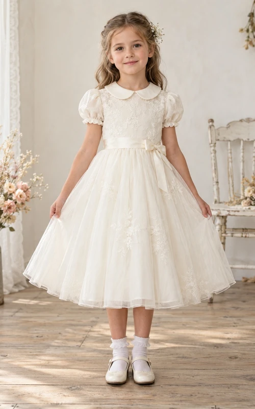Vestido de niña de flores vintage color marfil, corte en A, tul, mangas abullonadas, corpiño de encaje y cuello Peter Pan, largo hasta la rodilla.