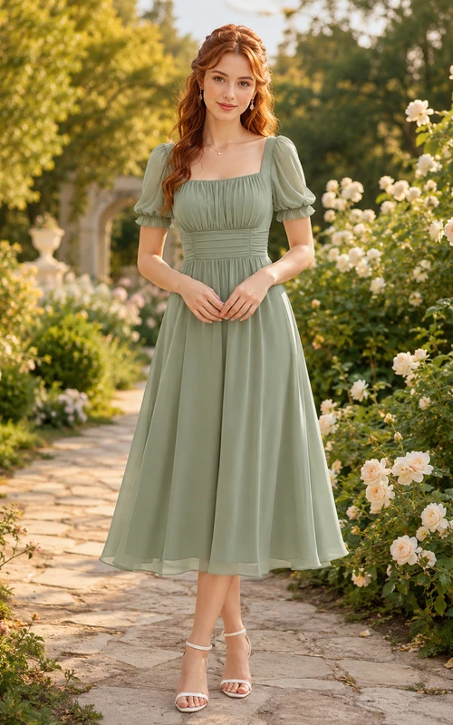 Robe trapèze vert sauge à col carré et manches bouffantes en mousseline, longueur thé, coupe A.