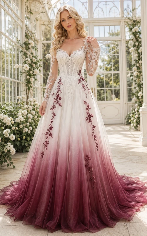 Romantisches Brautkleid in Burgunderrot mit V-Ausschnitt, langen Ärmeln, Ombré-Schnitt, Tüll, A-Linie und Schleppe