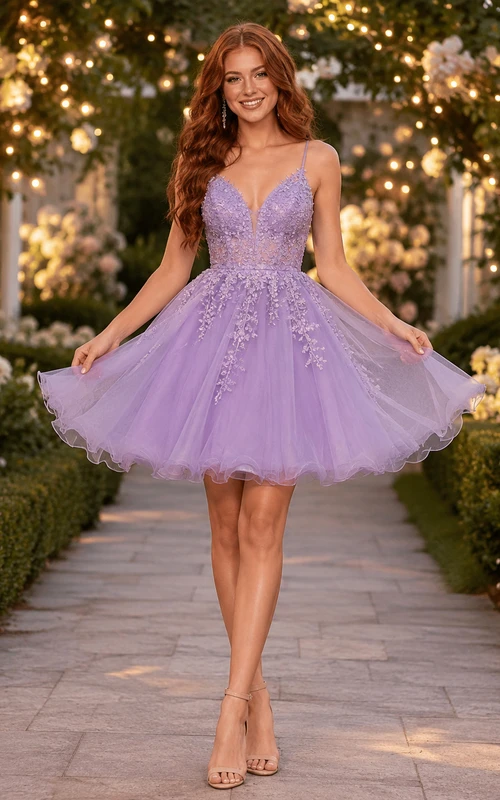 Robe de bal courte en tulle à encolure cœur et application de dentelle lavande