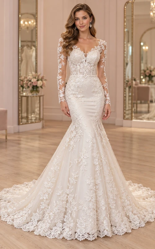 Mermaid Long Sleeve Plunge Sweetheart Floral Lace Train Wedding Dress