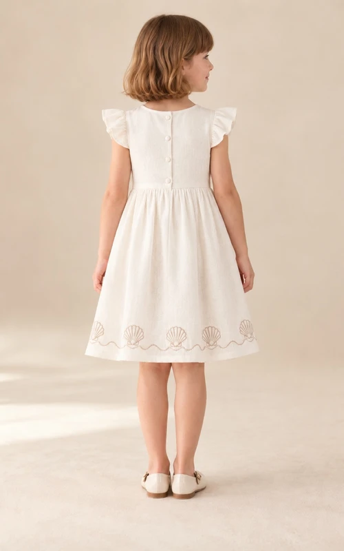 Modest Ivory Knee Length Coastal Embroidered Border Full Flutter Sleeve Beach Flower Girl Dress