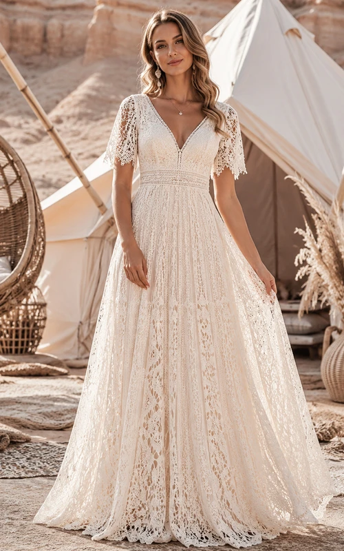 Vestido bohemio de encaje de ganchillo con mangas acampanadas y corte en A para fugas románticas en el desierto