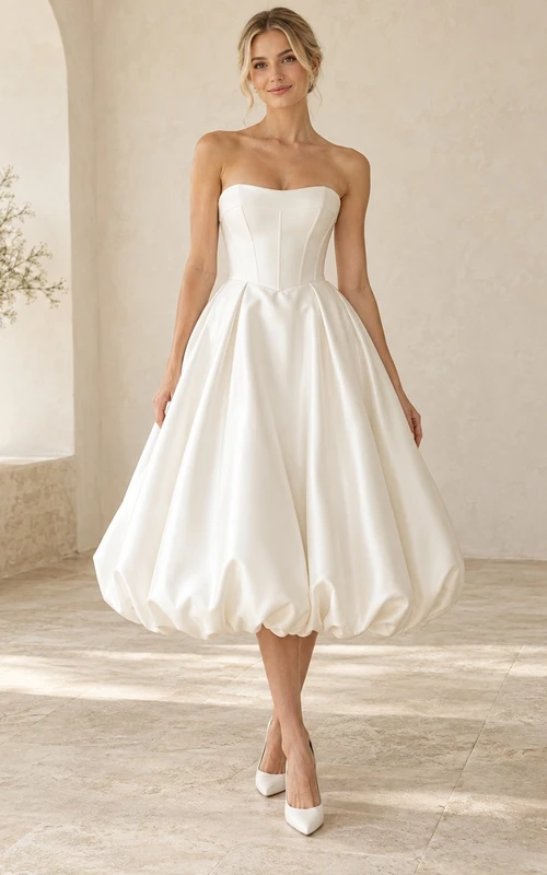 Robe de mariée simple en satin, longueur thé, bustier, col droit et ourlet bouffant, sans bretelles.