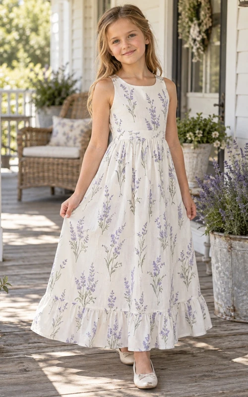 Country Cream Floral Sleeveless Scoop Neck Ruffle Cotton A-line Flower Girl Dress