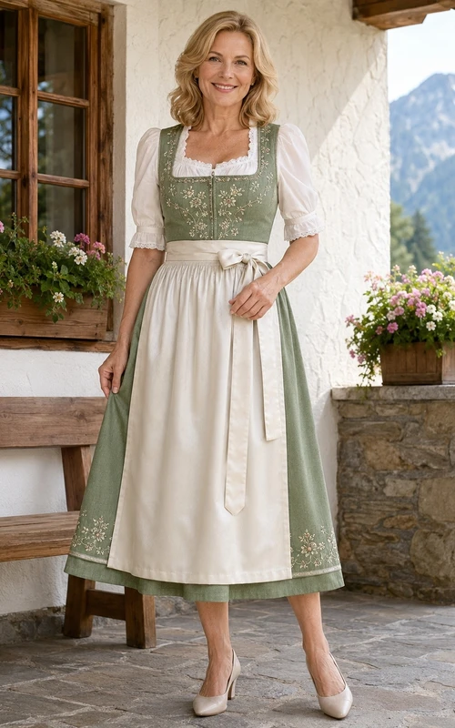 Vintage-Dirndlkleid im Landhausstil für ältere Bräute mit eckigem Ausschnitt und Teelänge