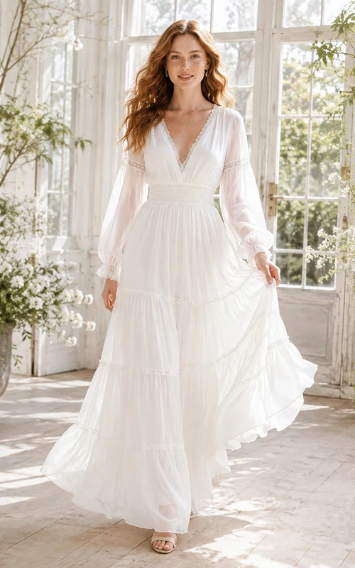 Bohemian V-Neck Balloon Sleeve Tiered Chiffon A-Line Floor-Length Wedding Dress
