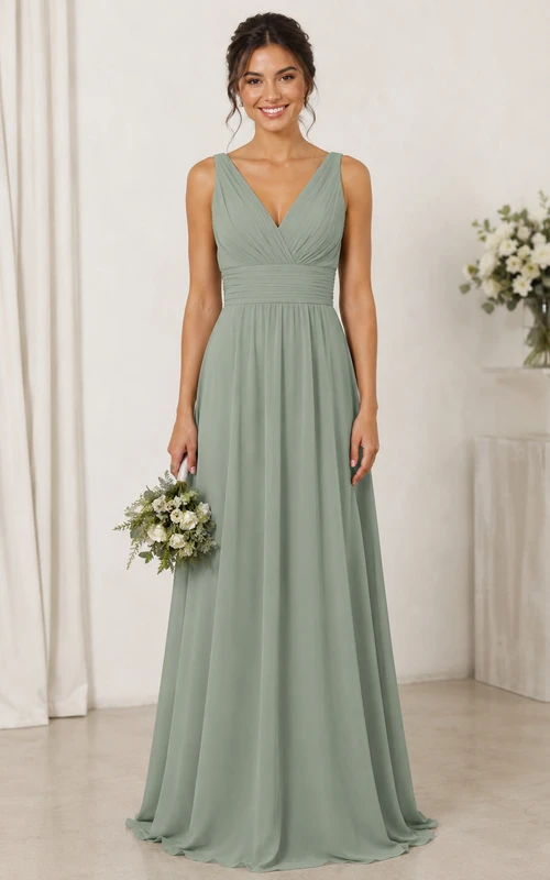 Sage A-Line Chiffon V-Neck Bridesmaid Dress with Straps