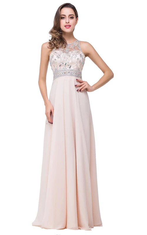 Elegantes Chiffon-Abendkleid in A-Linie mit Perlenstickerei und Reißverschluss-Illusionseffekt
