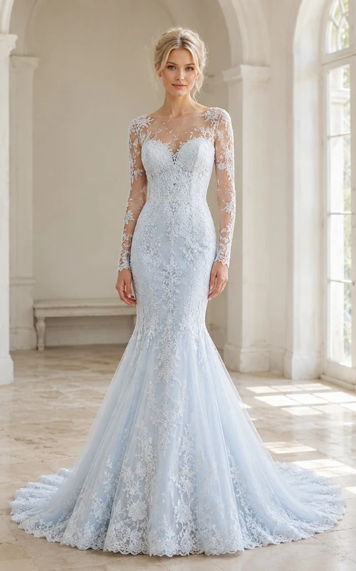 Schlichtes, elegantes Brautkleid in A-Linie aus himmelblauem Satin mit eckigem Ausschnitt.
