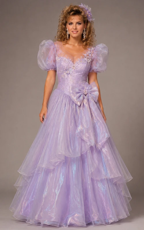 Vestido de gala para fiesta con escote en V, manga corta y volantes escalonados, largo hasta el suelo.