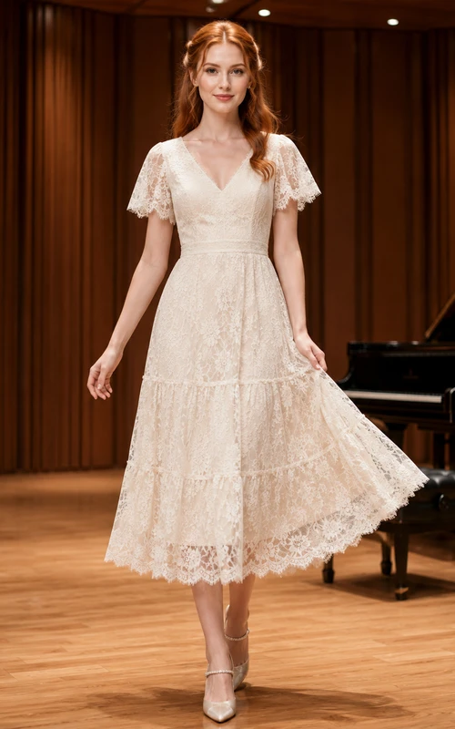 Vestido midi de encaje color marfil con escote en V y mangas con volantes, ideal para recitales.
