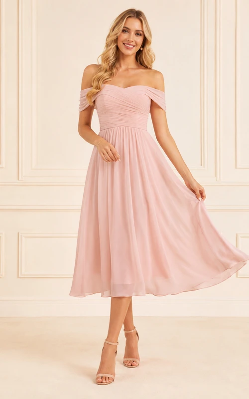 Vestido de dama de honor de gasa plisada con mangas cortas y hombros descubiertos, color rosa rubor.