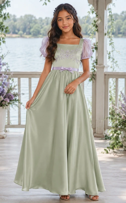 Celadonfarbenes Brautjungfernkleid für junge Damen, A-Linie, eckiger Schnitt, kurze Puffärmel, Schärpe/Band, elegant, romantisch