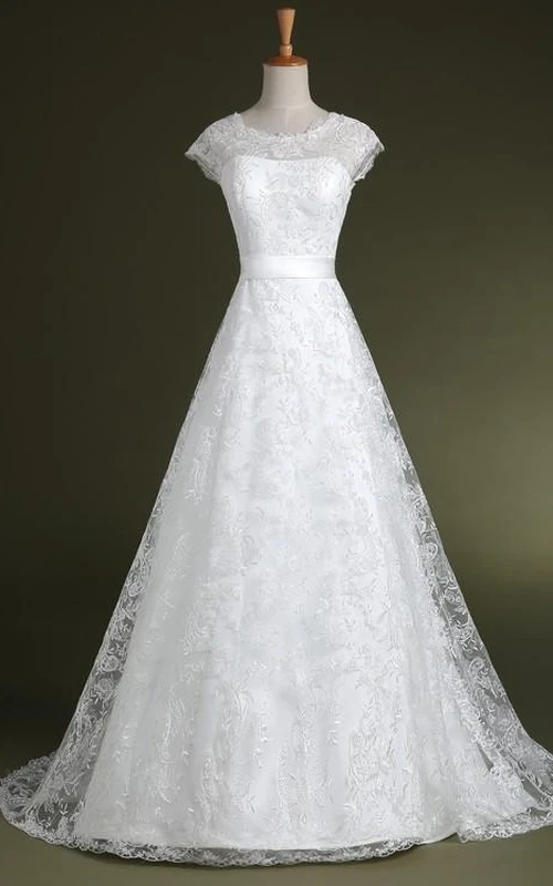 A-Linien-Kleid in Bodenlänge mit Applikationen, Reißverschluss, Korsettrücken, Tüllspitze und Satin