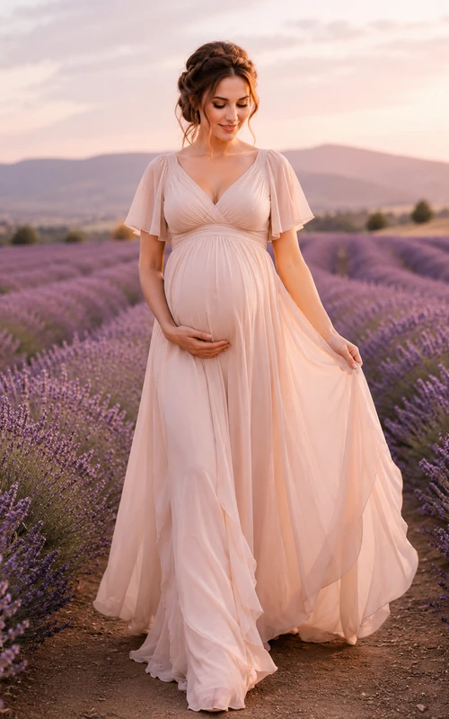 Maternity Blushing Flutter Sleeve Chiffon Flower Field Gown