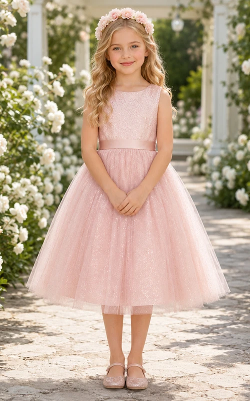 Blumenmädchenkleid aus rosafarbenem Tüll, A-Linie, Rundhalsausschnitt, Teelänge, plissiert