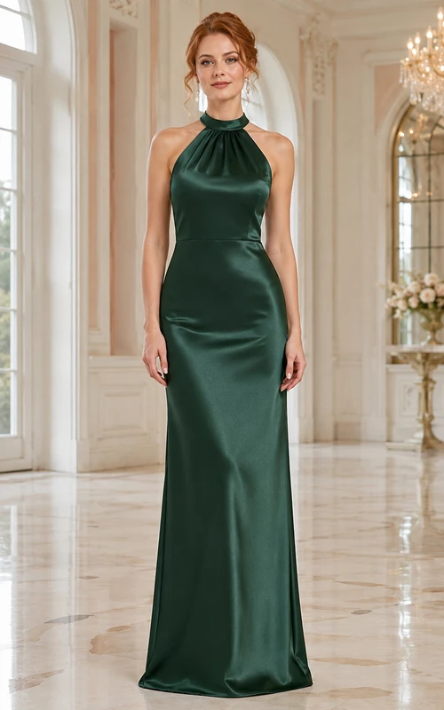 Vestido formal columna de satén verde oscuro con escote halter