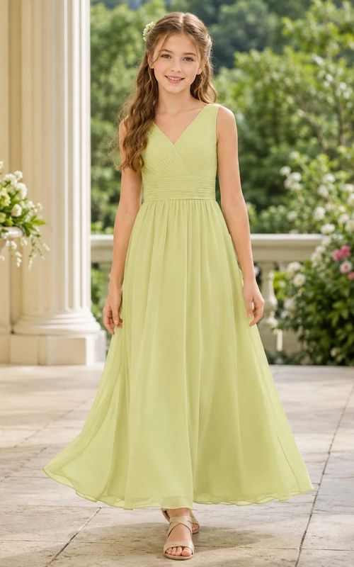 Vestido de dama de honor juvenil Lemongrass, corte en A, escote en V, sin mangas, gasa, elegante y formal.