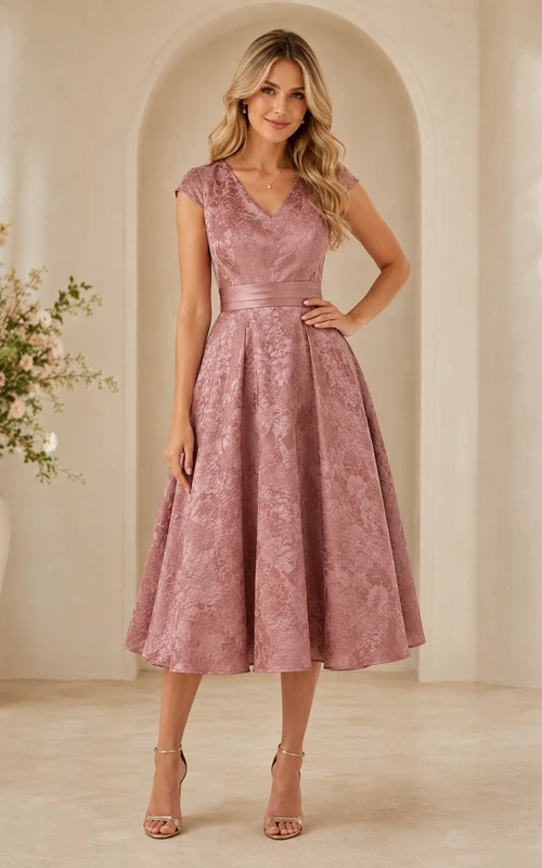 Vestido de invitada de corte A, largo midi, largo midi, con escote en V, manga corta, fajín/cinta de encaje, color rosa empolvado.