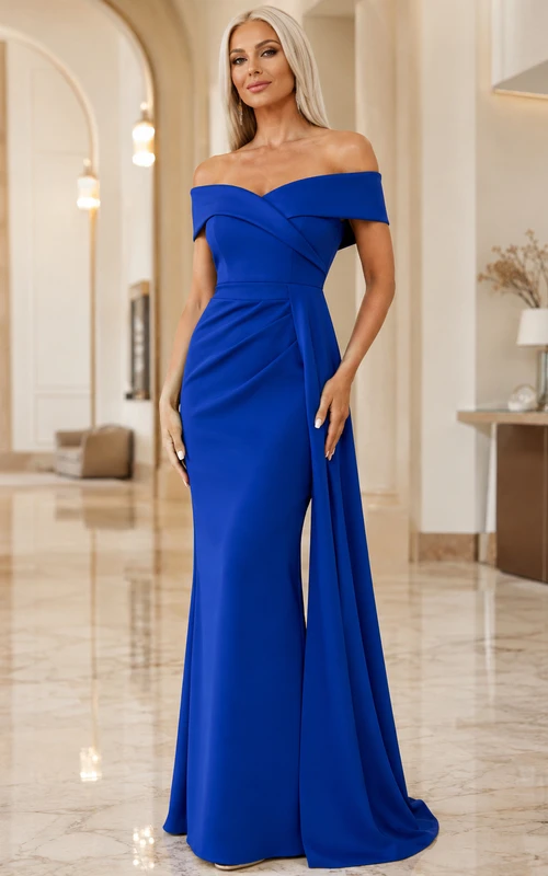 Vestido de lujo para madres, azul marino zafiro, con escote Bardot, fruncido, de satén, largo hasta el suelo y abertura frontal.