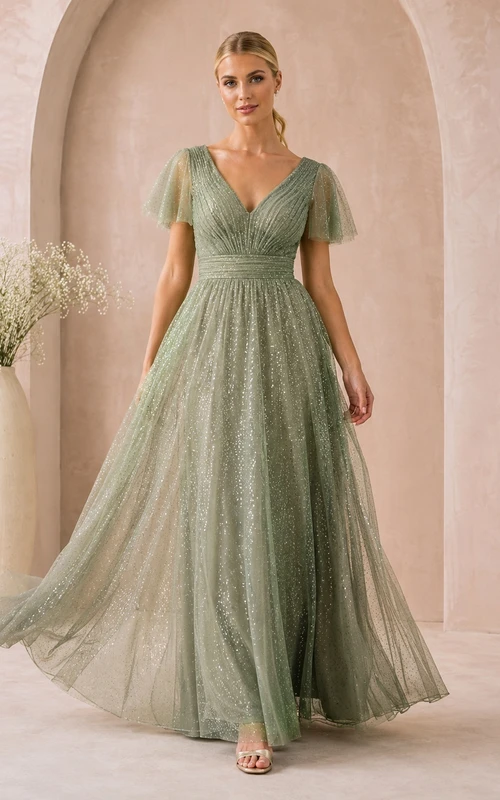 Romantic Sage V-Neck Flutter Sleeve Glitter Tulle A-Line Floor-Length Gown
