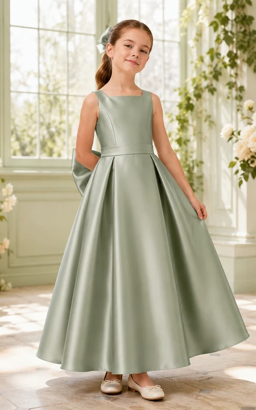 Robe de demoiselle d'honneur en satin sauge sans manches, coupe trapèze, longueur thé, ornée d'un nœud de jardin