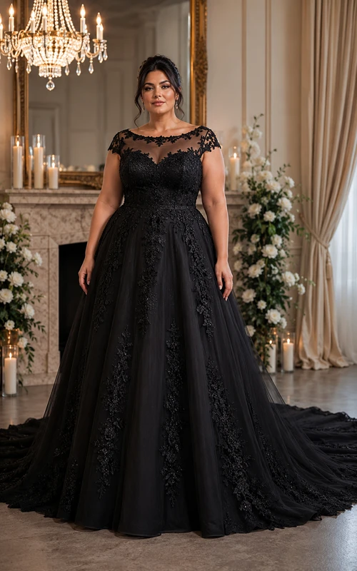 Vestido de novia de gala negro de talla grande con mangas cortas de encaje y efecto ilusión