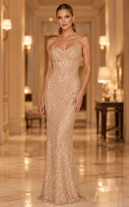 Schweres, paillettenbesetztes, trägerloses, champagnerfarbenes Etuikleid in Bodenlänge, ärmellos, luxuriös, sexy, für Abschlussball, Abendveranstaltung, formelle Anlässe, Promi-Kleid