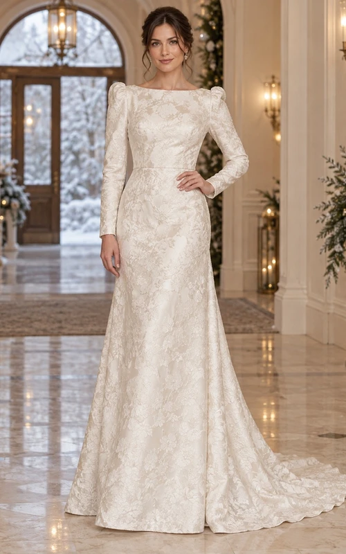 Vestido de novia de sirena con escote barco, mangas largas, brocado floral y cola.
