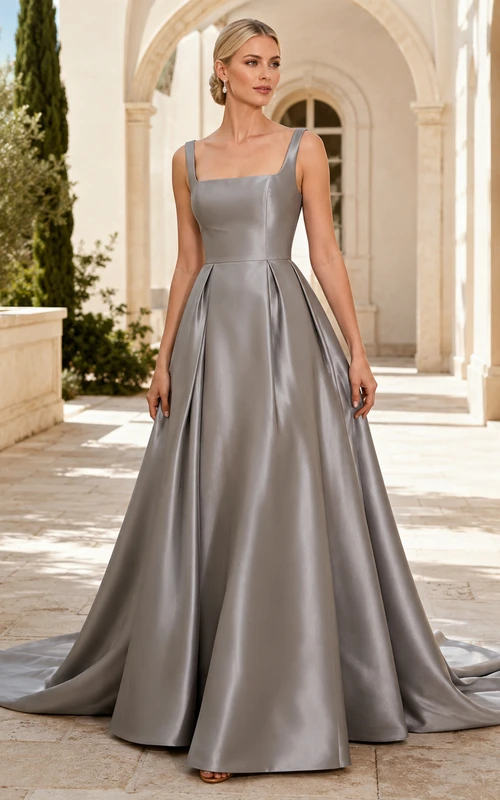 Robe de mariée simple en satin couleur étain, col carré et bretelles, coupe trapèze.
