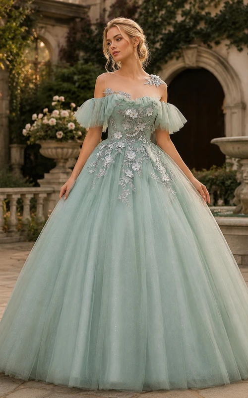 Vestido de gala bordado verde claro con hombros descubiertos