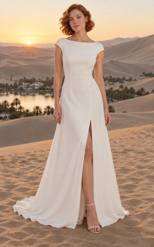 Vestido de novia de crepé con escote barco, mangas cortas, abertura frontal y falda ajustada.