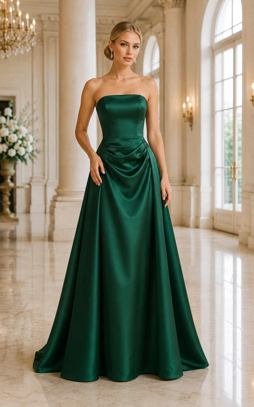 Vestido de noche verde oscuro de satén, corte en A, sin tirantes, largo hasta el suelo.