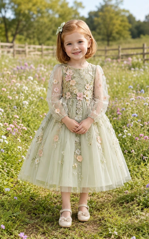 Sage Floral Applique Tulle Long Sleeve A-Line Tea-Length Garden Flower Girl Dress