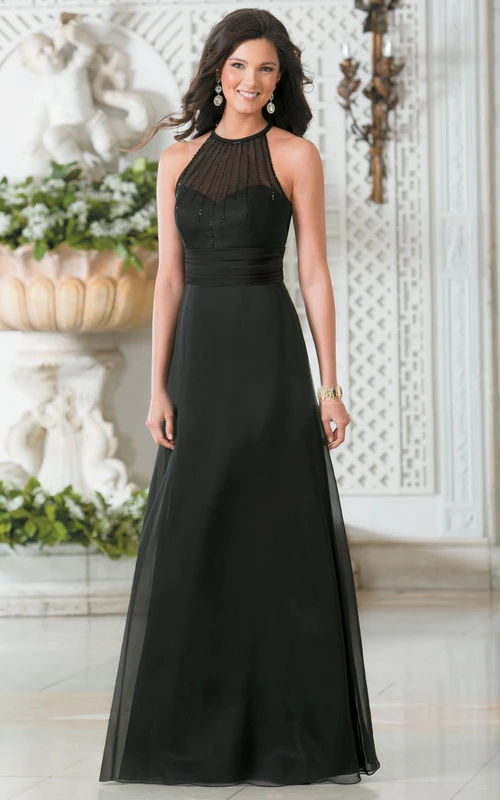 Robe de demoiselle d'honneur longue trapèze à col montant et effet illusion