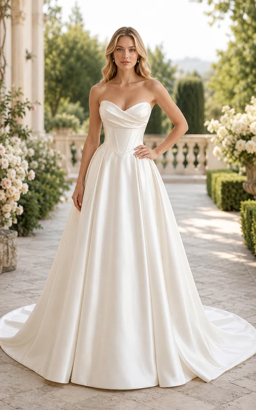 Brautkleid aus Satin, Ballkleid, trägerlos, Herzausschnitt, Schleppe