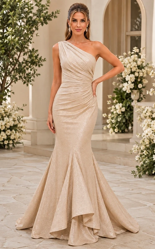 Champagne One Shoulder Draped Satin Mermaid Evening Gown