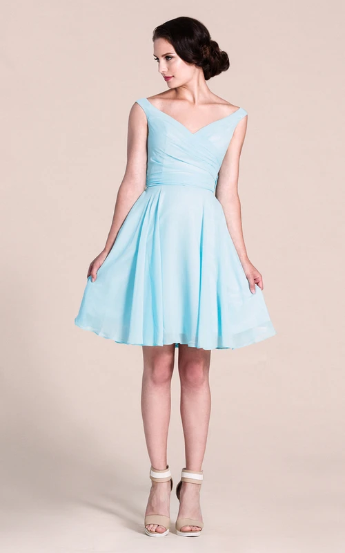 V-neck A-line Short Dress With Bow Tie