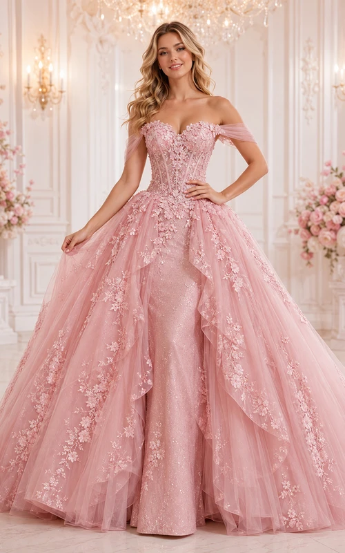 Vestido de baile de princesa de quinceañera color rubor, ideal para bailar, con escote corazón y hombros descubiertos.