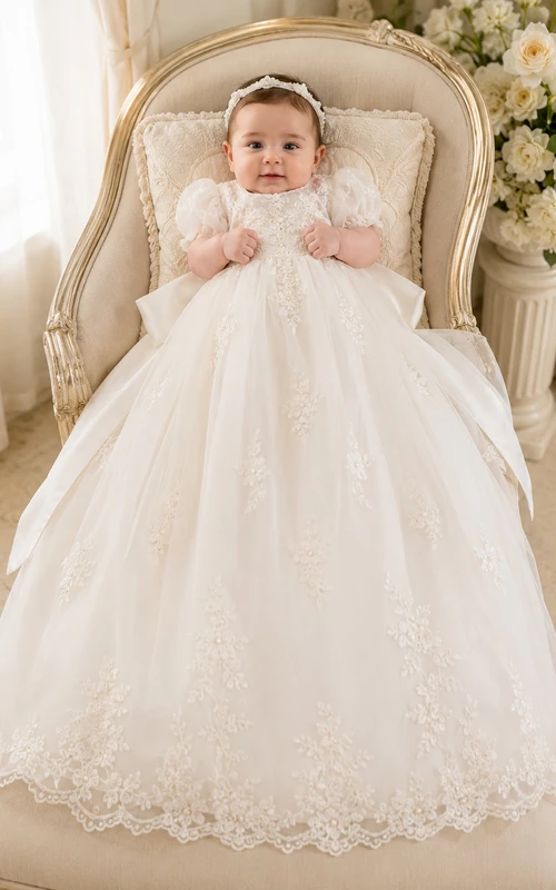 Taufkleid für Babys, A-Linie, bodenlang, mit Rundhalsausschnitt, Puffärmeln, Tüllspitze, Schleife am Rücken, Knopfleiste am Rücken