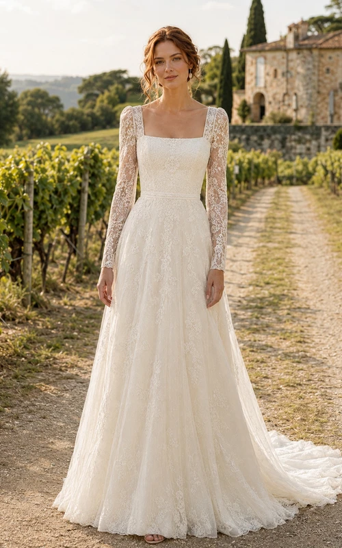 Brautkleid aus Chiffon im Landhausstil, A-Linie, eckiger Ausschnitt, lange Ärmel, bodenlang, tiefer V-Ausschnitt am Rücken