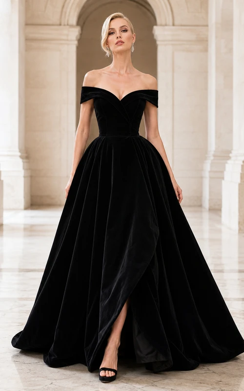 Schwarzes, schulterfreies, herzförmiges Samt-Ballkleid mit Schlitz und Falten für den Empfang