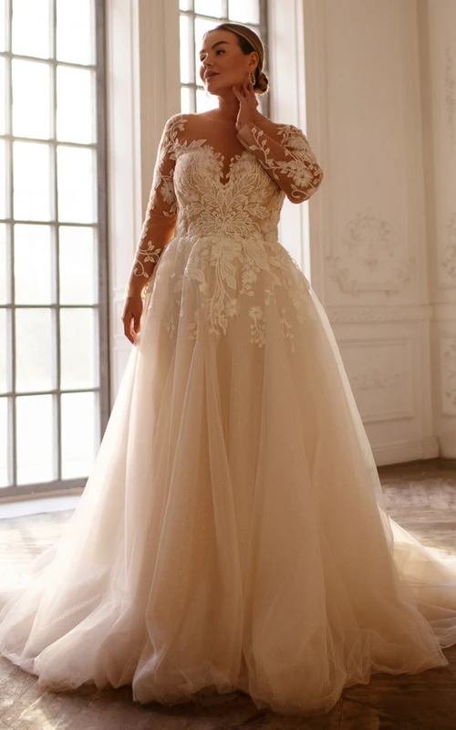Robe de bal sexy grande taille en dentelle bateau, tulle illusion, coupe trapèze, traîne balayée et appliques