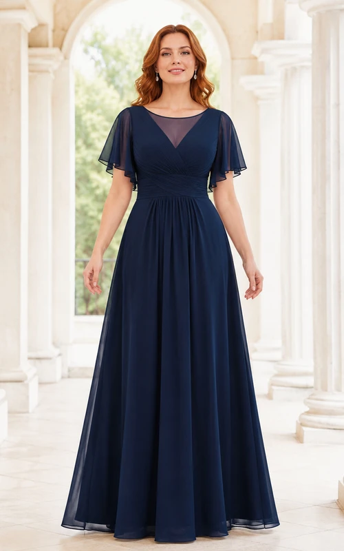 Vestido de gasa azul marino oscuro con mangas acampanadas y escote en V, corte en A