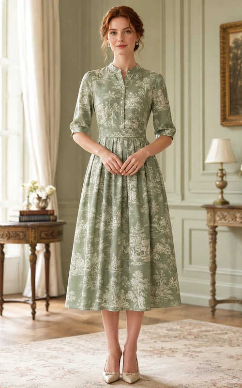 Robe midi trapèze à col montant et manches courtes en toile de sauge