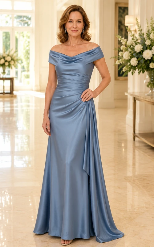 Stahlblaues schulterfreies A-Linien-Kleid aus Satin mit seitlicher Drapierung