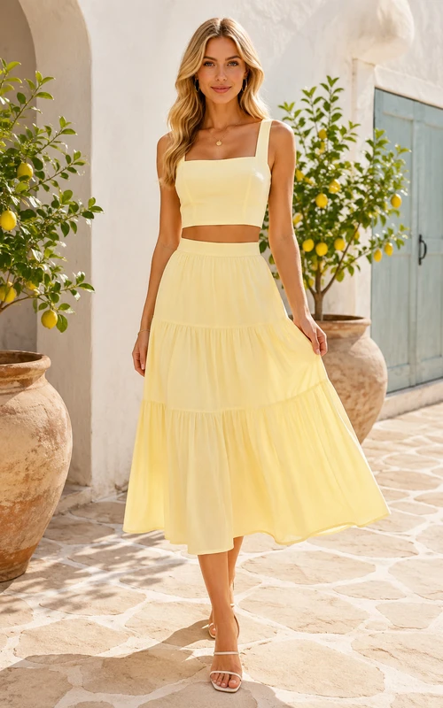 Vestido de invitada de boda de gasa color narciso, dos piezas, cuello cuadrado, sin mangas, largo hasta la rodilla.